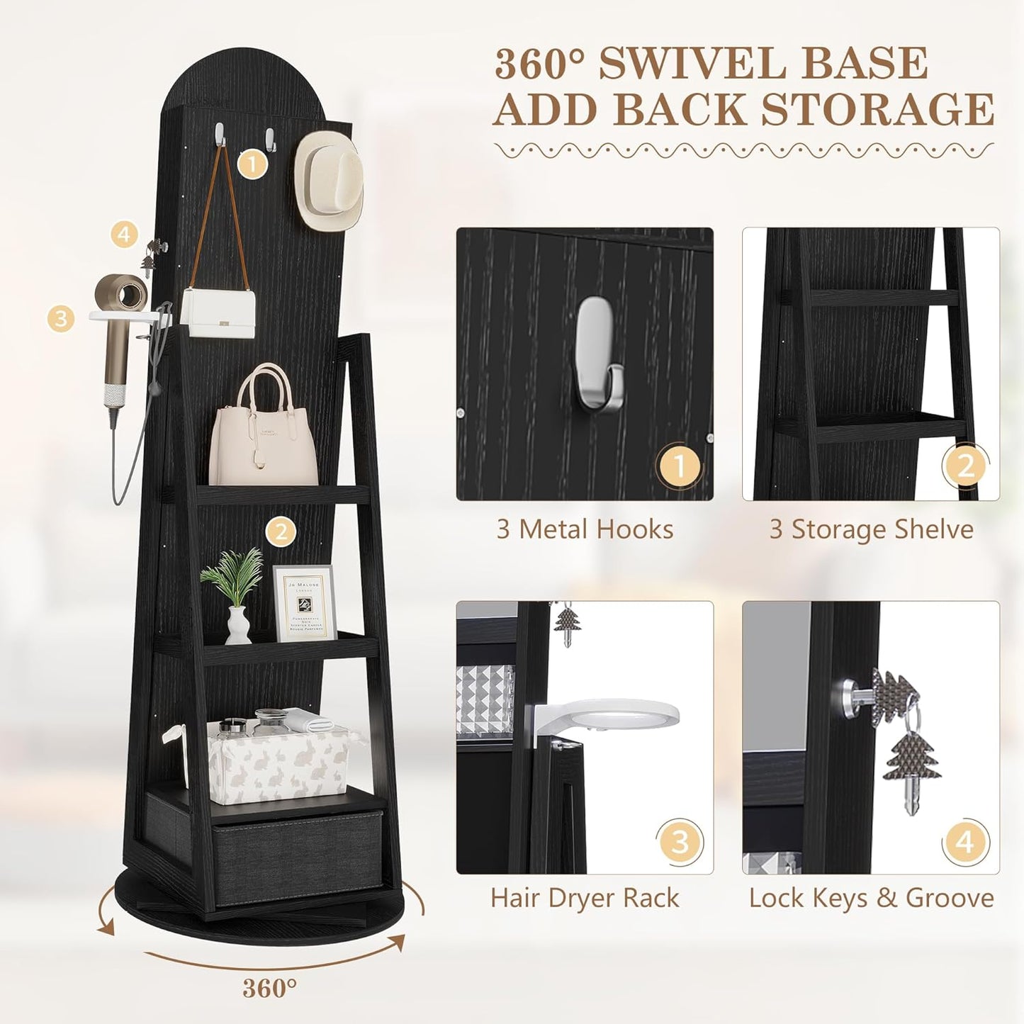 360° Swivel Arched Jewelry Mirror Cabinet, 64"H Standing Jewelry Armoire with 6 LED Lights, Lockable Jewelry Organizer, Arch Full Length Mirror with Storage, Inner Makeup Shelf, Drawers (Black)