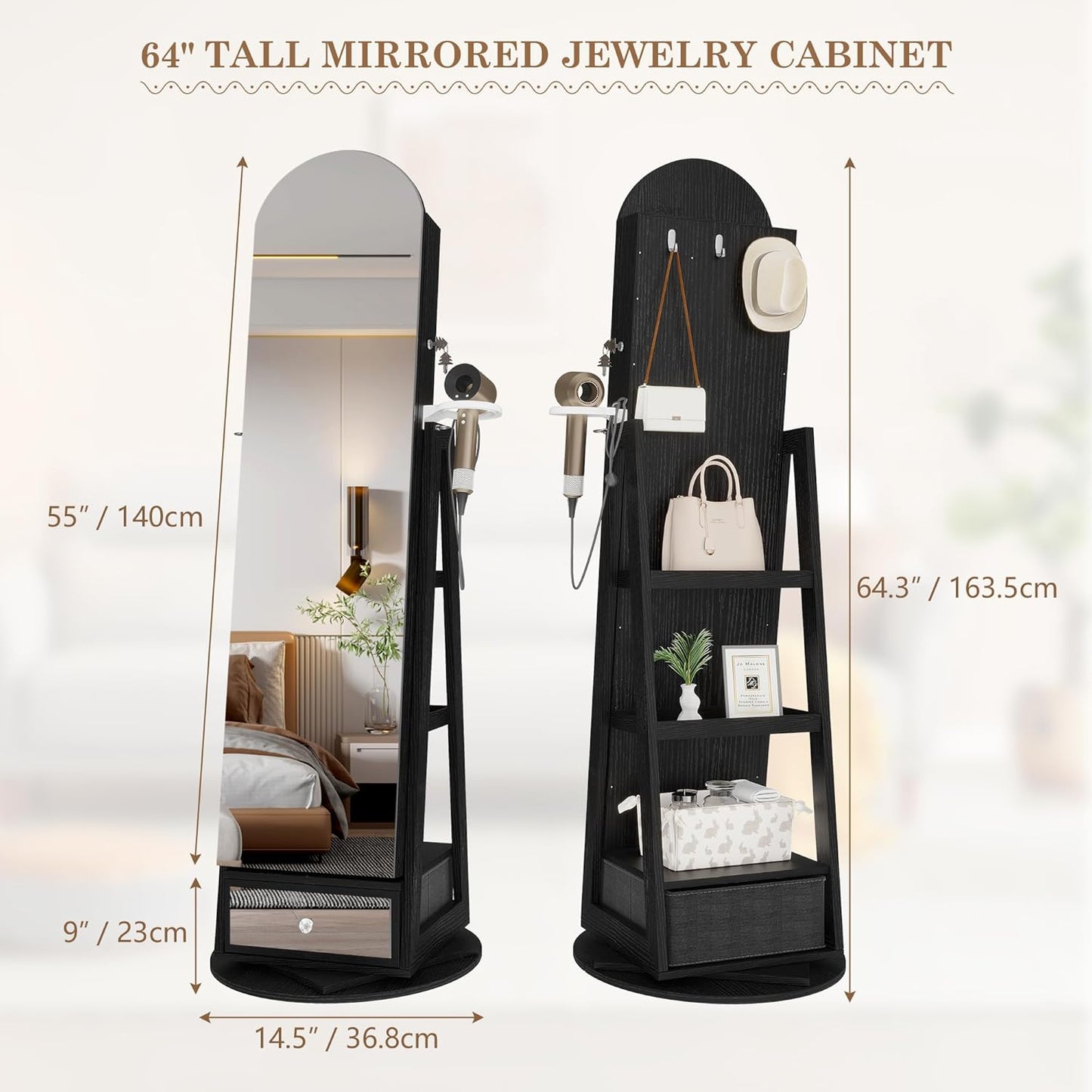 360° Swivel Arched Jewelry Mirror Cabinet, 64"H Standing Jewelry Armoire with 6 LED Lights, Lockable Jewelry Organizer, Arch Full Length Mirror with Storage, Inner Makeup Shelf, Drawers (Black)
