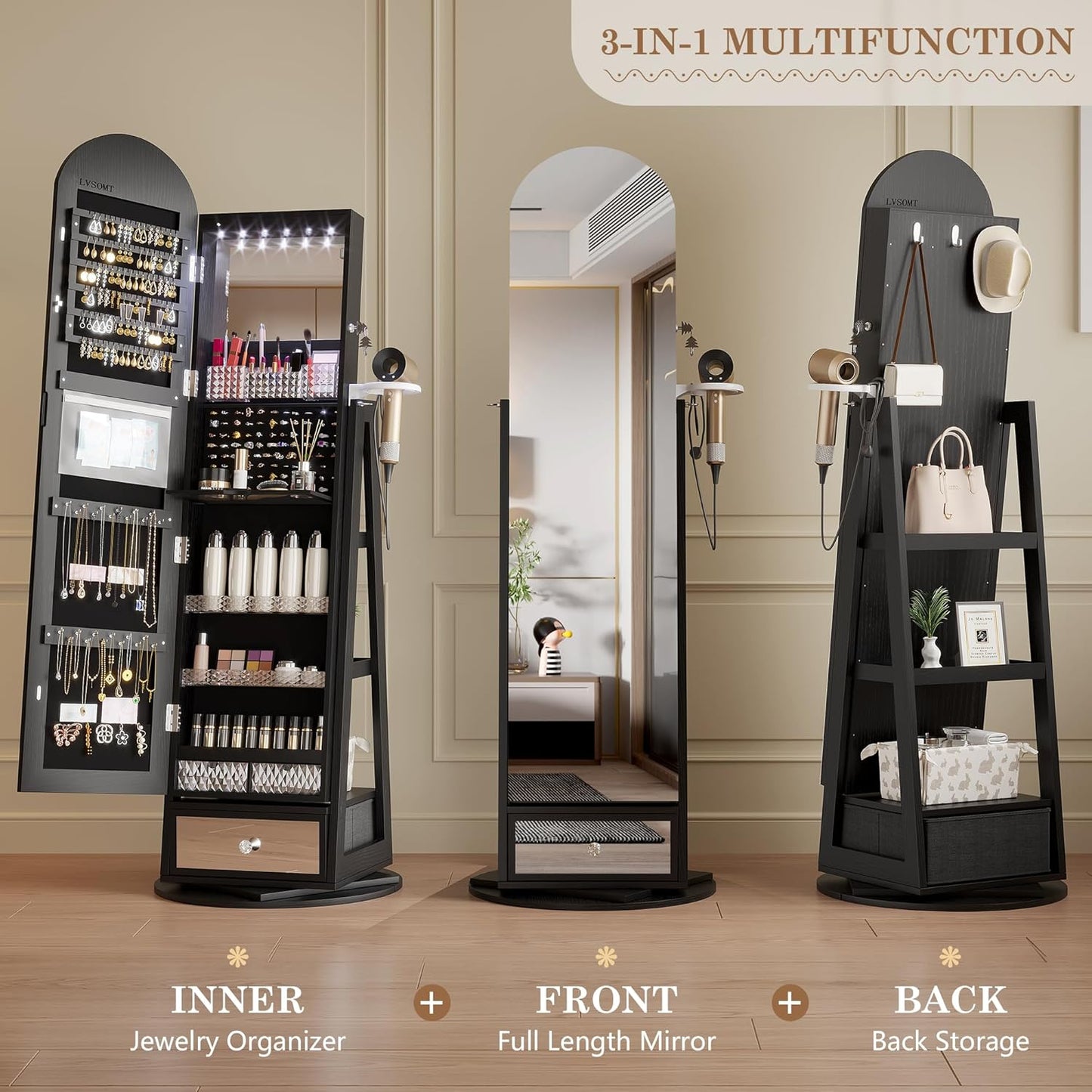 360° Swivel Arched Jewelry Mirror Cabinet, 64"H Standing Jewelry Armoire with 6 LED Lights, Lockable Jewelry Organizer, Arch Full Length Mirror with Storage, Inner Makeup Shelf, Drawers (Black)