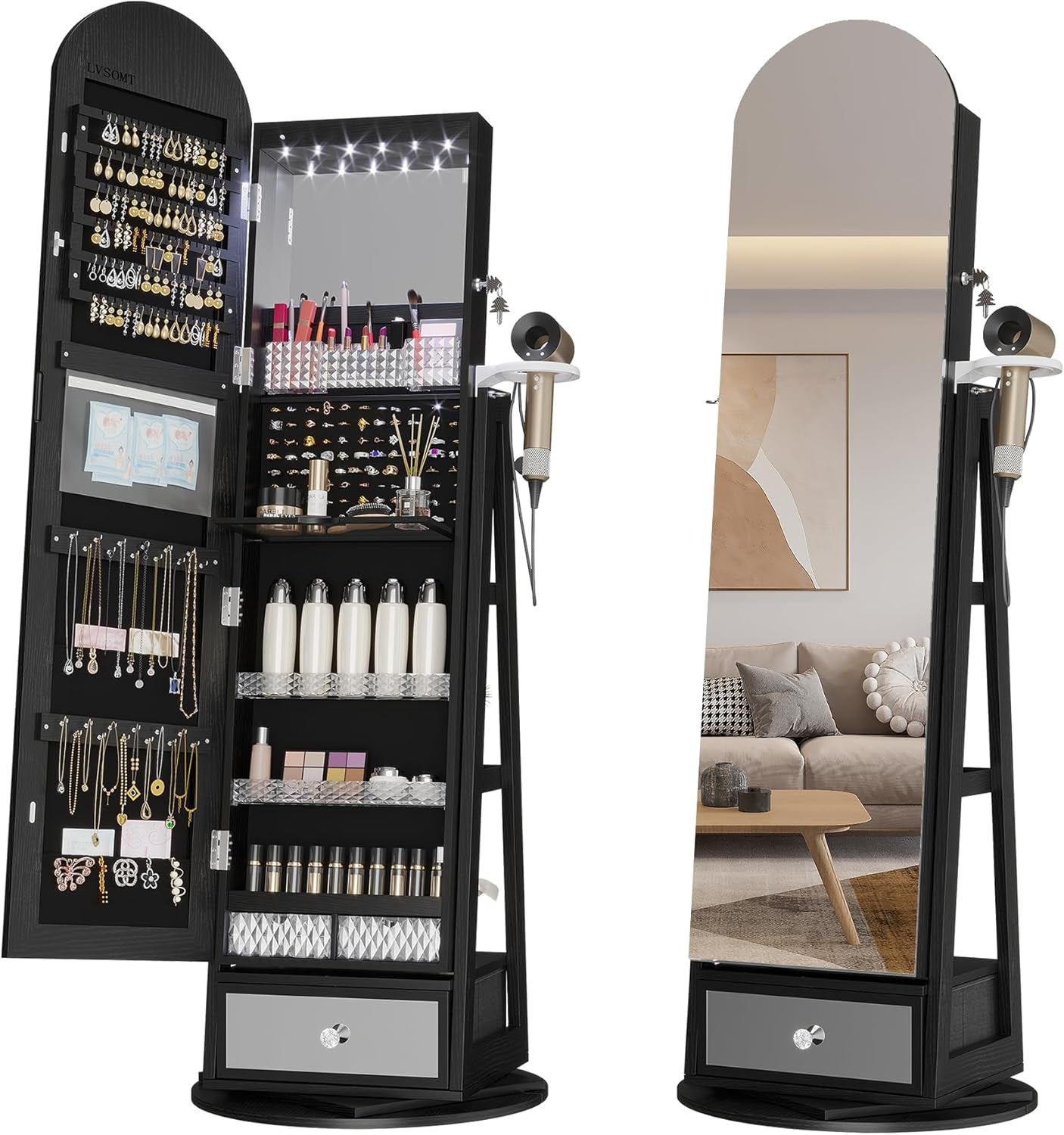 360° Swivel Arched Jewelry Mirror Cabinet, 64"H Standing Jewelry Armoire with 6 LED Lights, Lockable Jewelry Organizer, Arch Full Length Mirror with Storage, Inner Makeup Shelf, Drawers (Black)