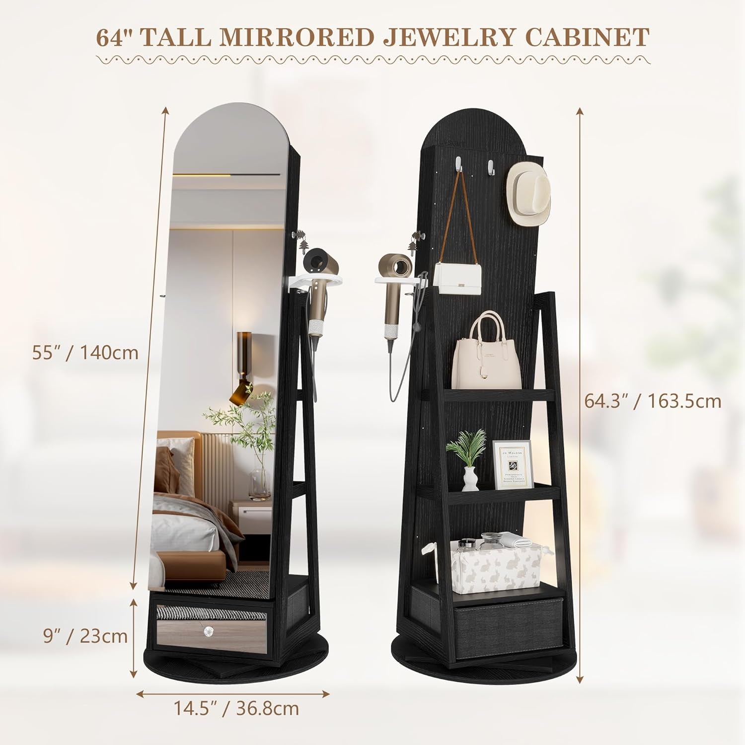 360° Swivel Arched Jewelry Mirror Cabinet, 64"H Standing Jewelry Armoire with 6 LED Lights, Lockable Jewelry Organizer, Arch Full Length Mirror with Storage, Inner Makeup Shelf, Drawers (Black)
