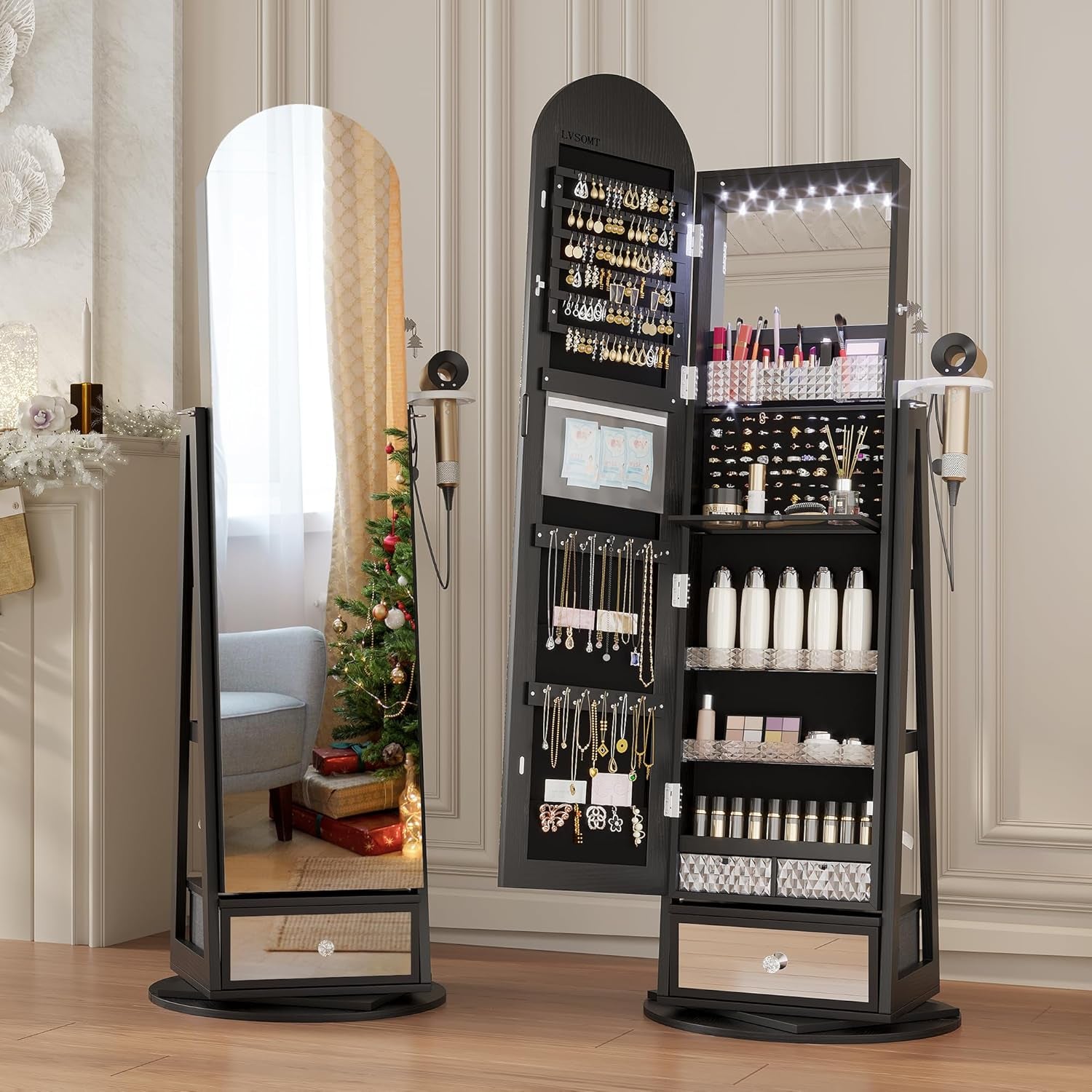 360° Swivel Arched Jewelry Mirror Cabinet, 64"H Standing Jewelry Armoire with 6 LED Lights, Lockable Jewelry Organizer, Arch Full Length Mirror with Storage, Inner Makeup Shelf, Drawers (Black)