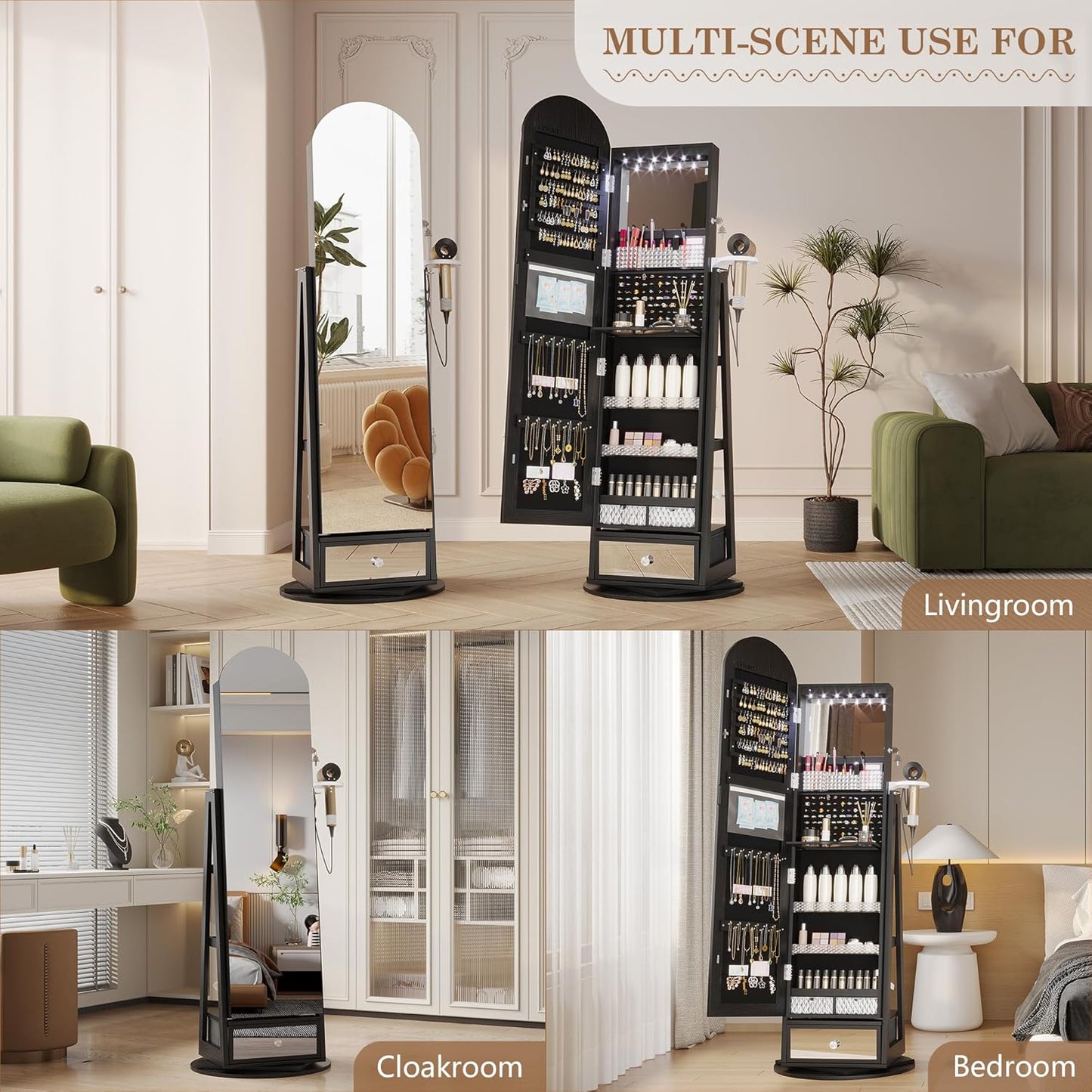 360° Swivel Arched Jewelry Mirror Cabinet, 64"H Standing Jewelry Armoire with 6 LED Lights, Lockable Jewelry Organizer, Arch Full Length Mirror with Storage, Inner Makeup Shelf, Drawers (Black)