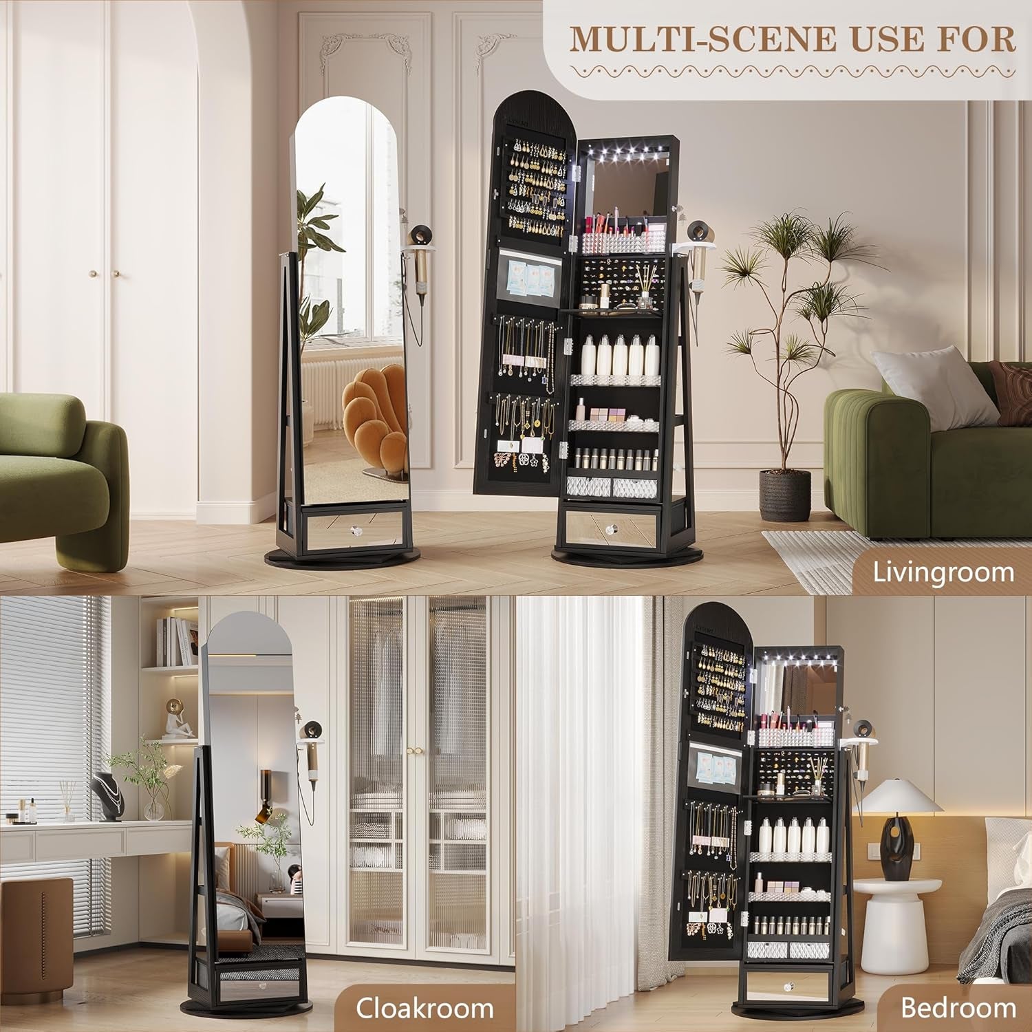 360° Swivel Arched Jewelry Mirror Cabinet, 64"H Standing Jewelry Armoire with 6 LED Lights, Lockable Jewelry Organizer, Arch Full Length Mirror with Storage, Inner Makeup Shelf, Drawers (Black)