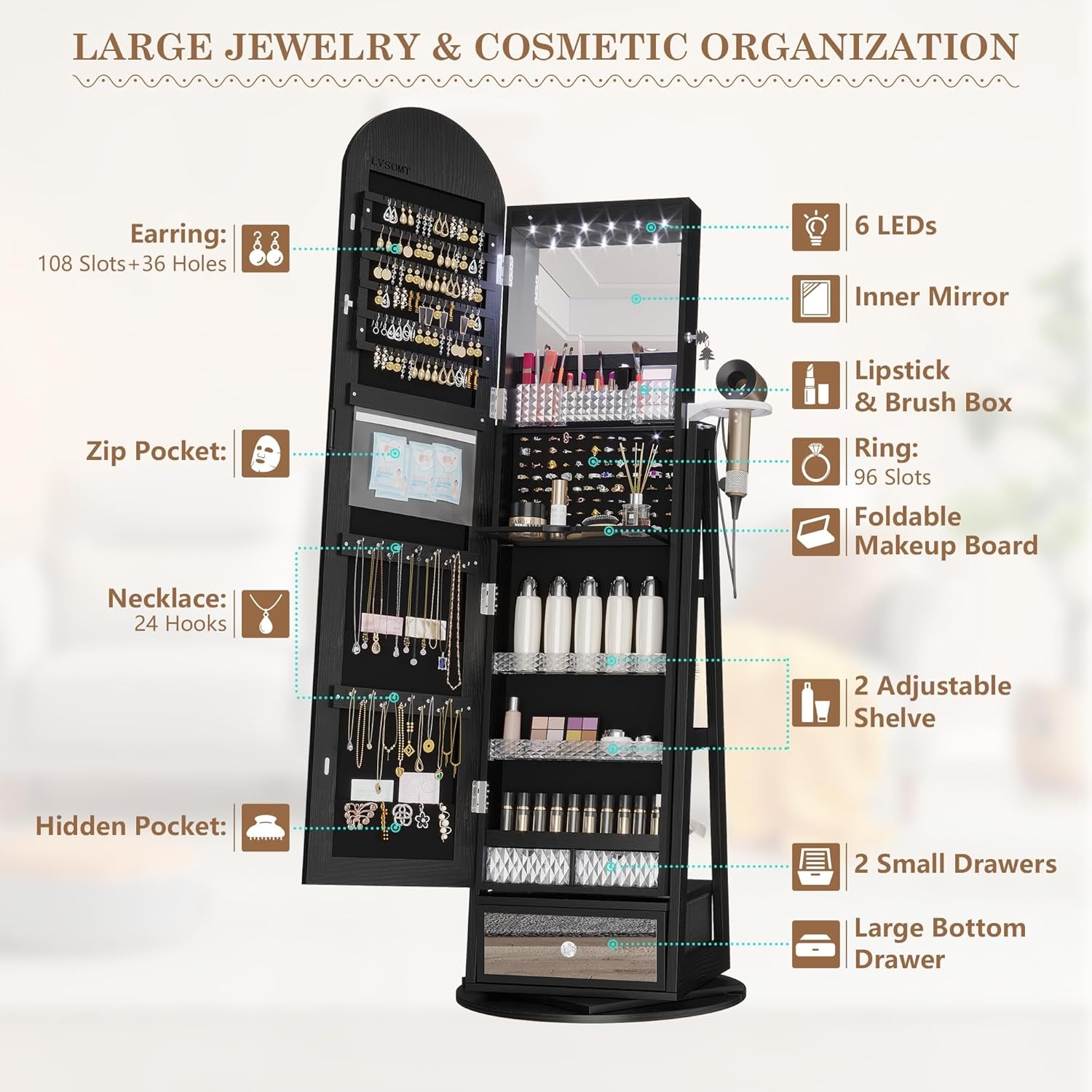 360° Swivel Arched Jewelry Mirror Cabinet, 64"H Standing Jewelry Armoire with 6 LED Lights, Lockable Jewelry Organizer, Arch Full Length Mirror with Storage, Inner Makeup Shelf, Drawers (Black)